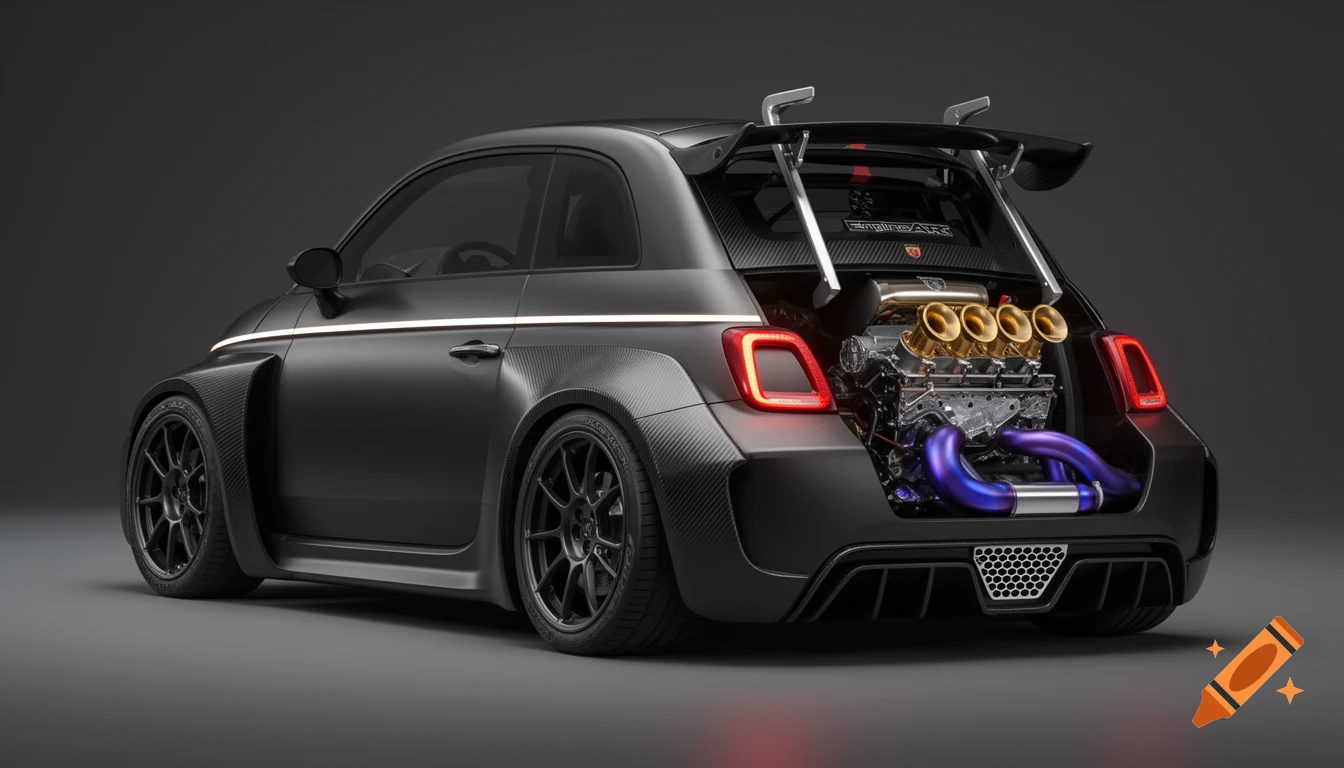 Photorealistic image of a matte black, widebody Fiat Abarth with an exposed engine bay showing gold intake trumpets and colorful exhaust pipes.