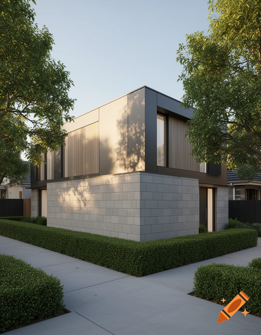 Photorealistic image of a modern two-story house with concrete block and wood paneling, surrounded by green hedges and trees.