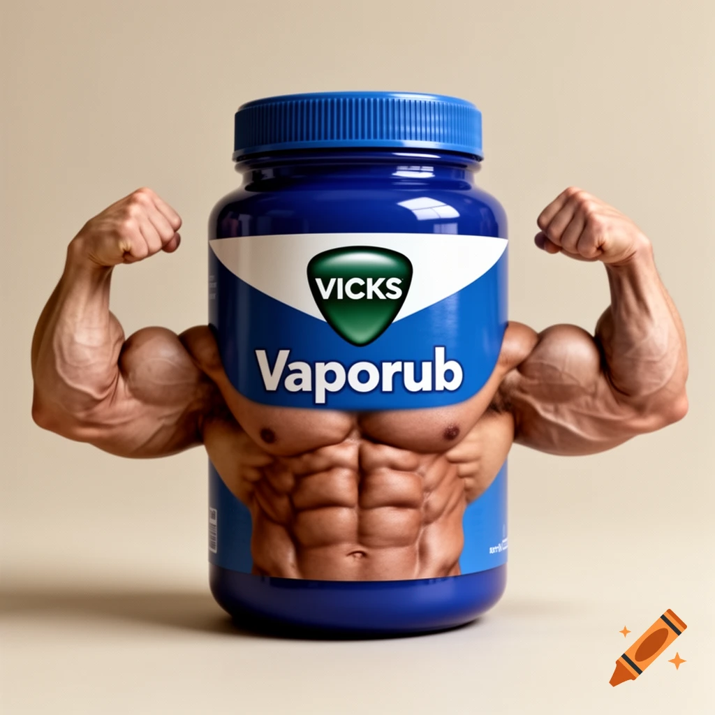 Photorealistic image of a Vicks VapoRub jar with muscular human arms and abs flexing against a plain background.