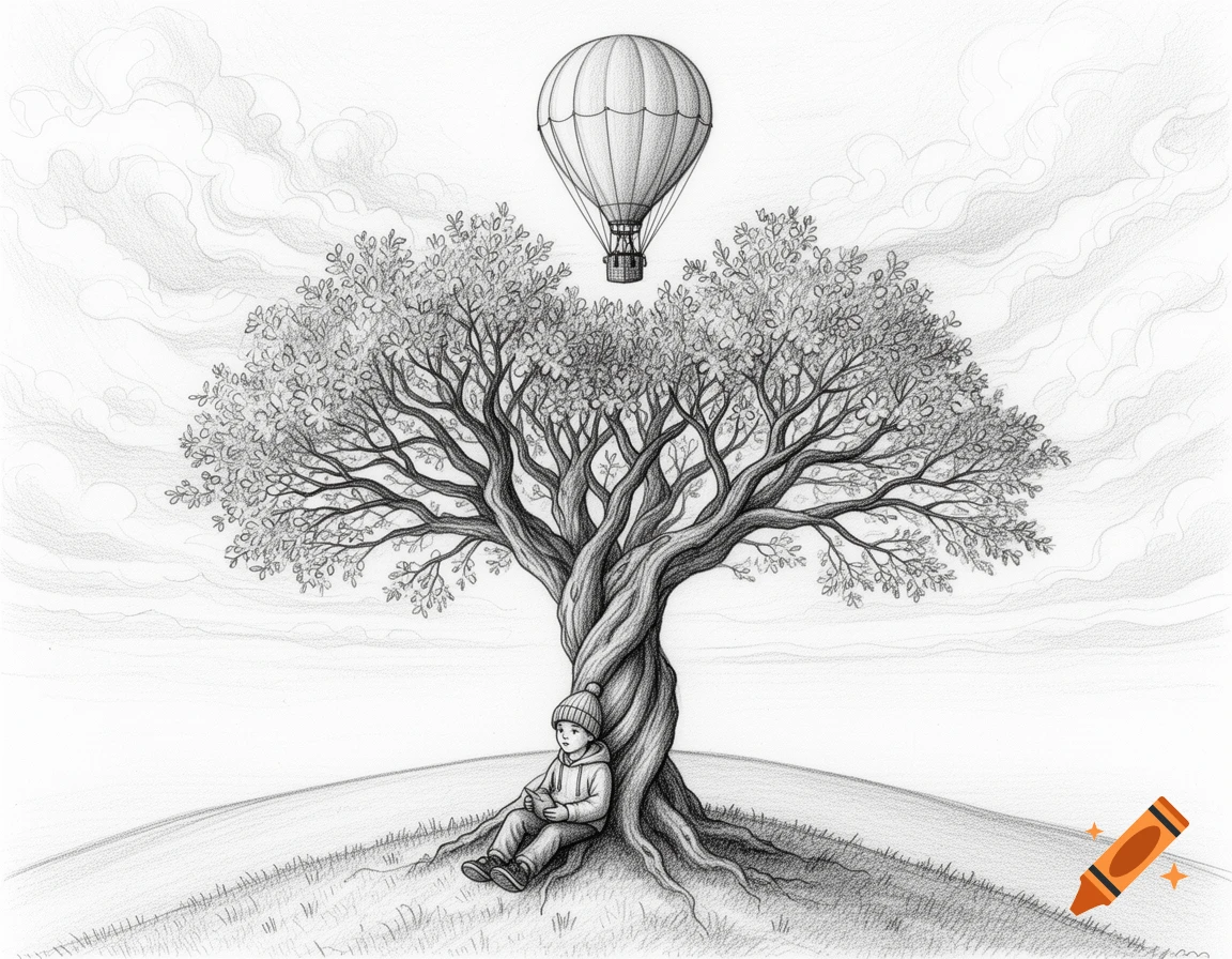 Pencil drawing of a boy in a beanie and hoodie reading under a large tree with a hot air balloon above, on a grassy hill.