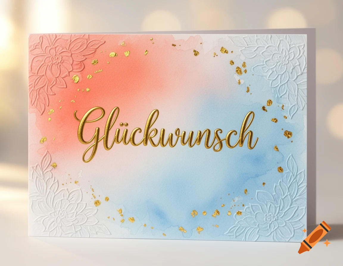 A greeting card with gold 'Glückwunsch' text on a peach and blue watercolor background with embossed white flowers.