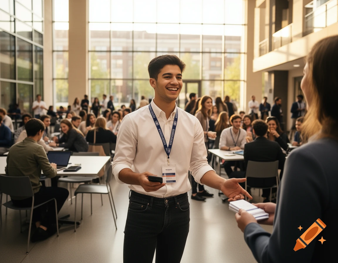 A smiling young man in a white shirt and lanyard extends his hand to a woman offering business cards in a bustling university hall.
