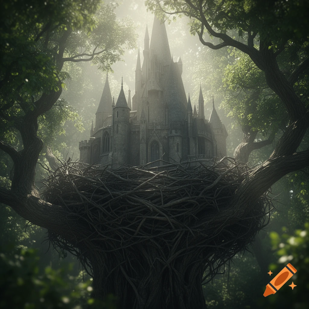 A fantastical castle with multiple spires sits nestled within a giant bird's nest of intertwining branches, surrounded by a misty forest.