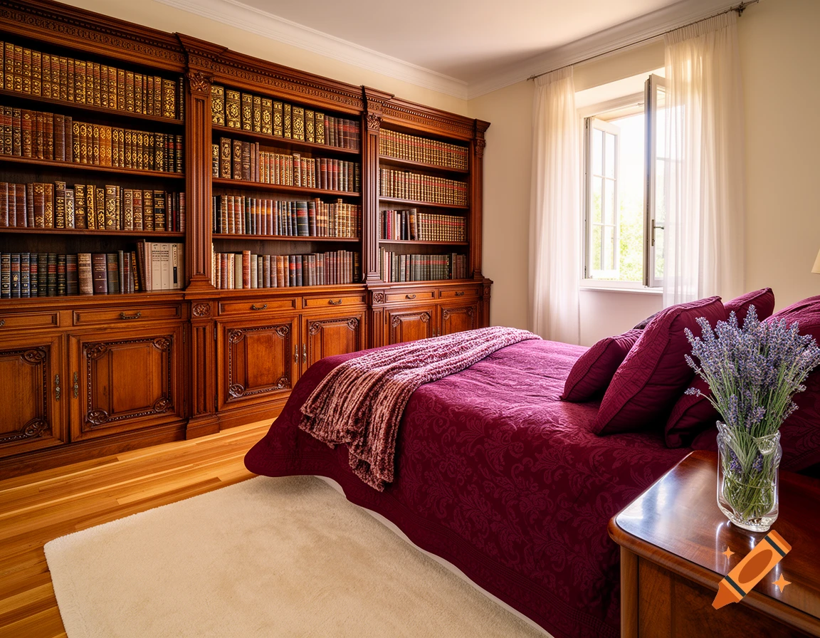 Photorealistic image of a cozy bedroom with a large wooden vintage bookcase, a bed with a deep red blanket, and an open window.