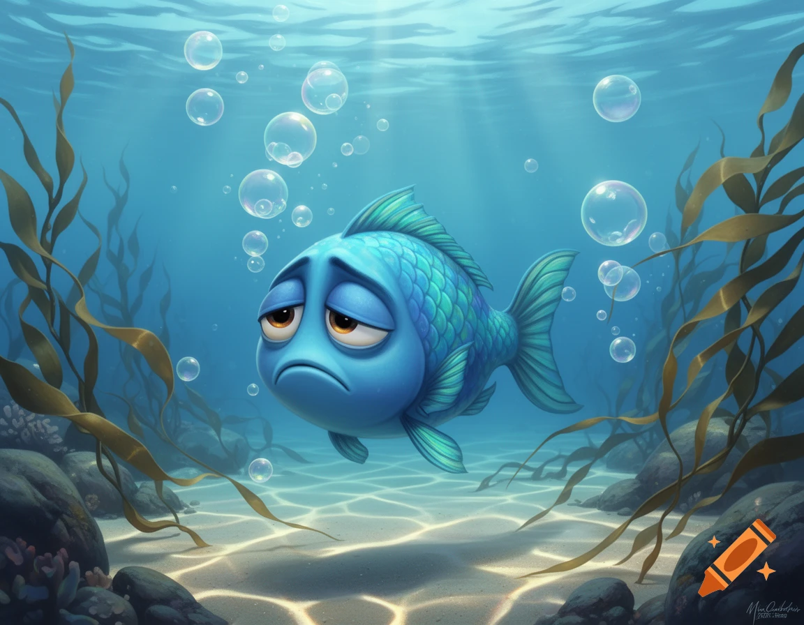 A sad blue cartoon fish swims among bubbles and seaweed in a vibrant underwater scene.