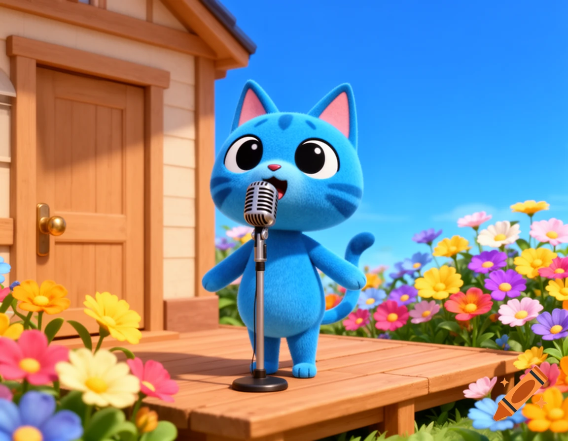 A cute blue cartoon cat stands on a porch singing into a vintage microphone, surrounded by colorful flowers and a small house under a clear sky.