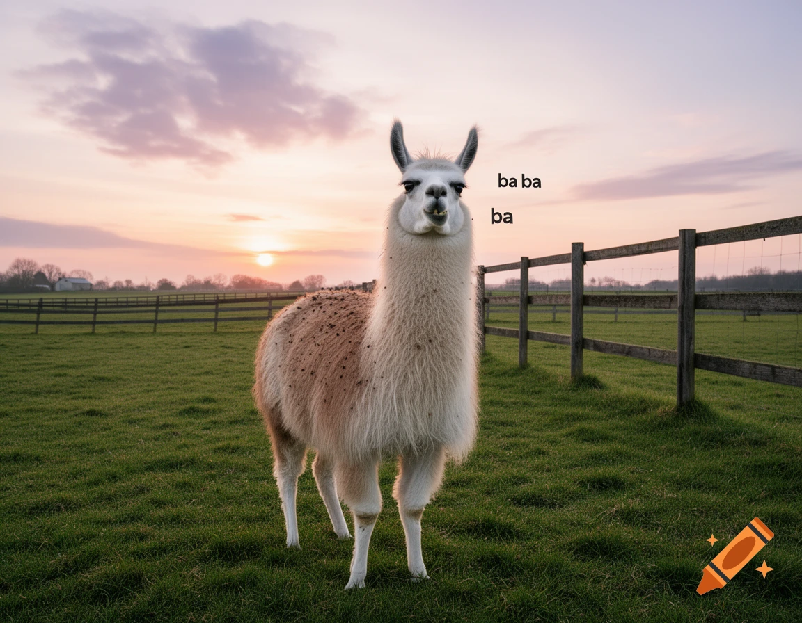 A photorealistic llama stands in a green field with a wooden fence, text 'ba ba ba' next to it, against a sunset sky.