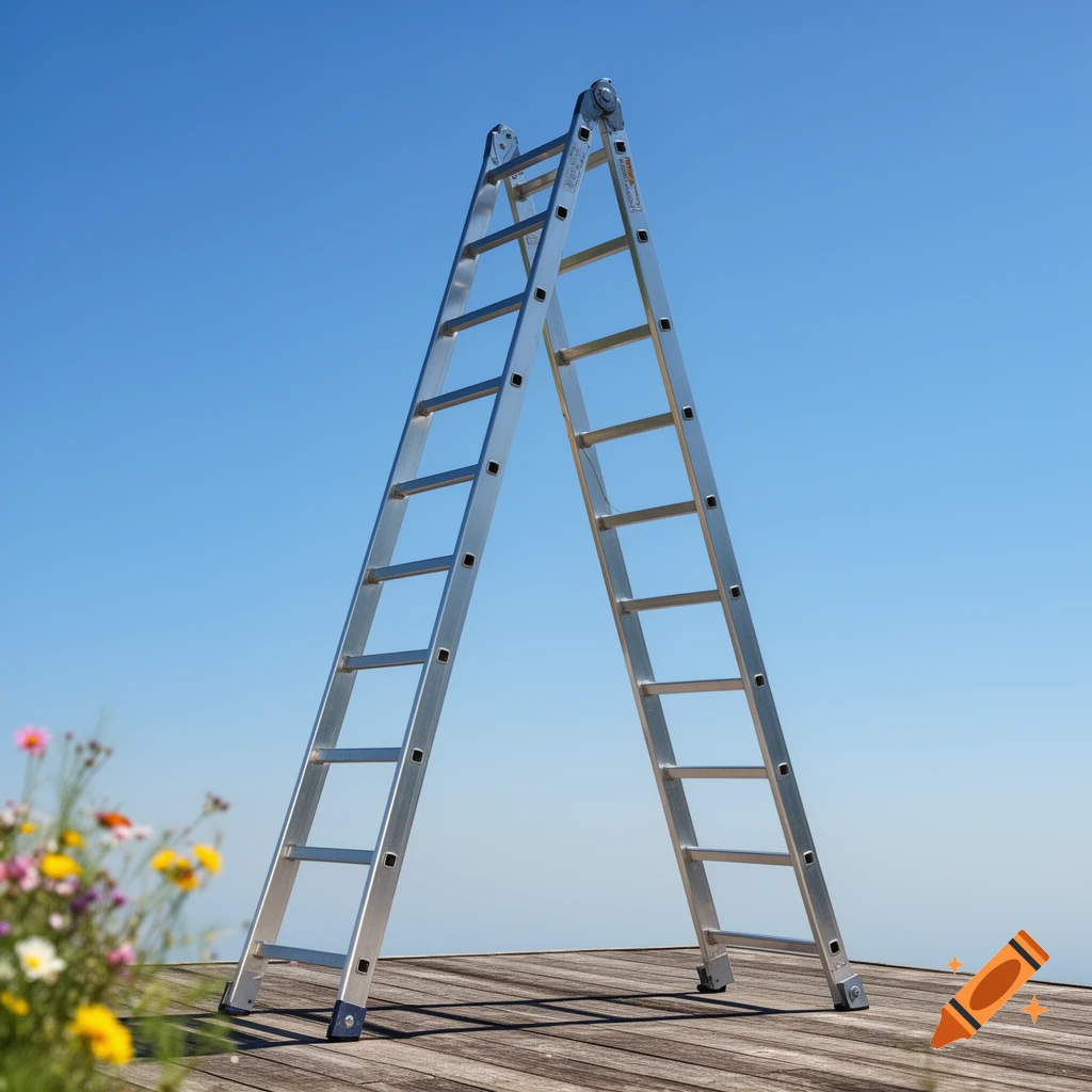 A silver A-frame ladder stands on a wooden deck under a clear blue sky, with blurry colorful flowers in the foreground.