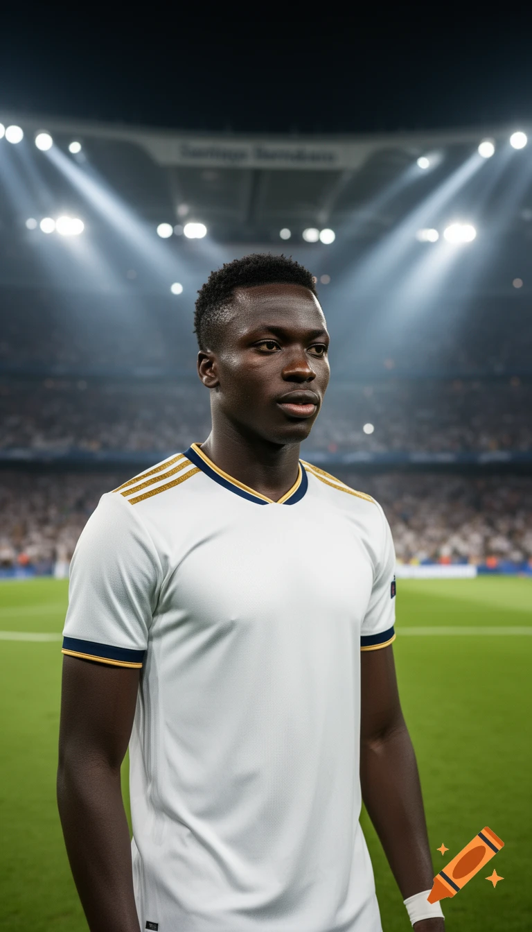 A young Black male football player in a white, gold, and dark blue jersey stands on a green field in a brightly lit stadium. Photorealistic.