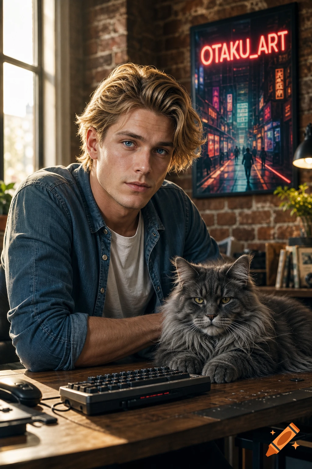 A man with blond hair and blue eyes sits at a wooden desk with a large gray Maine Coon cat and a keyboard. A cyberpunk poster hangs on a brick wall.