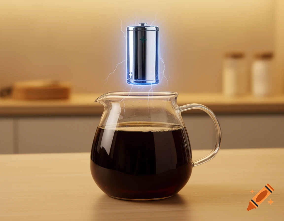A glowing silver battery levitates above a glass pitcher of dark coffee in a kitchen, with blue electrical arcs.