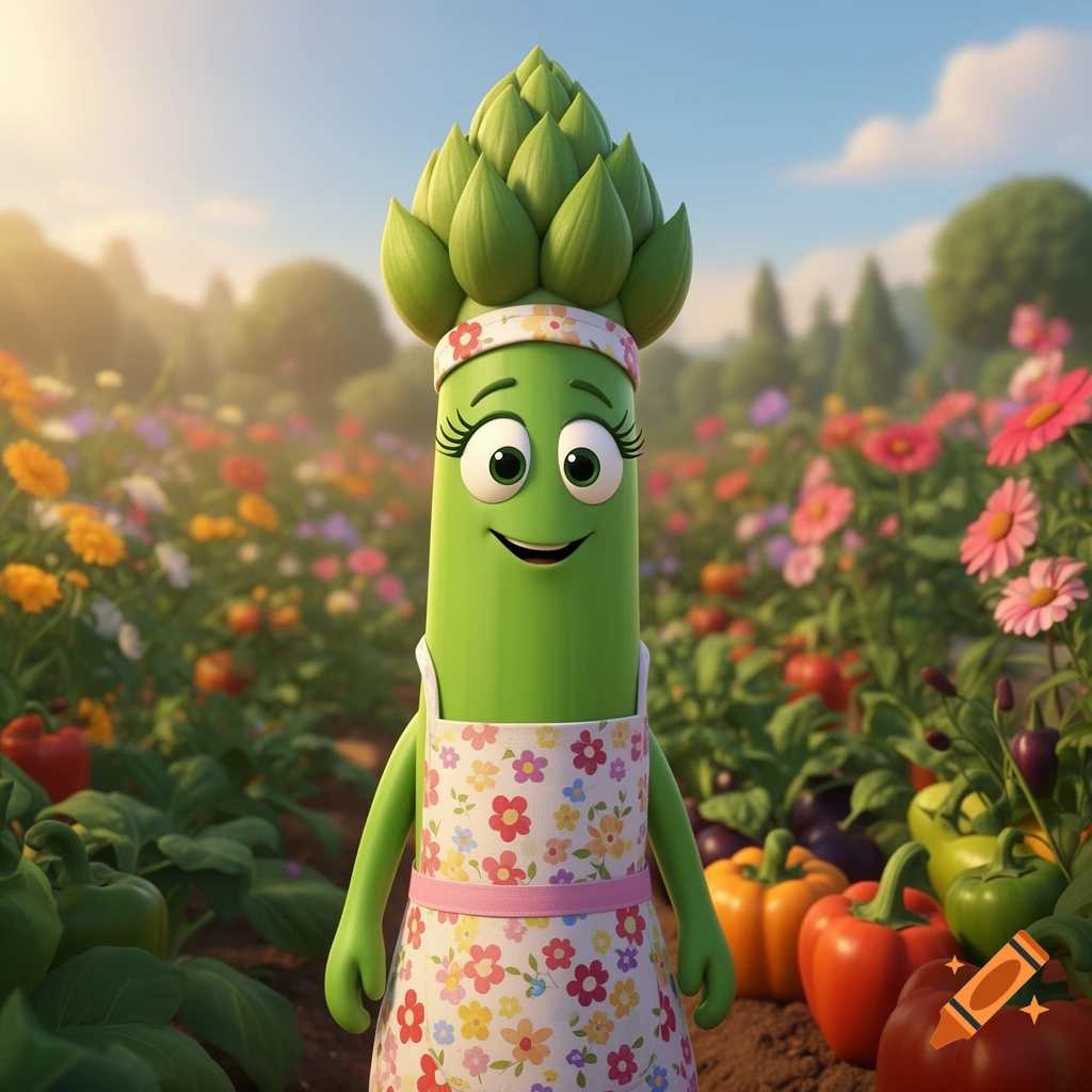A cute, smiling 3D cartoon asparagus character wearing a floral apron stands in a sunny garden filled with colorful flowers and vegetables.