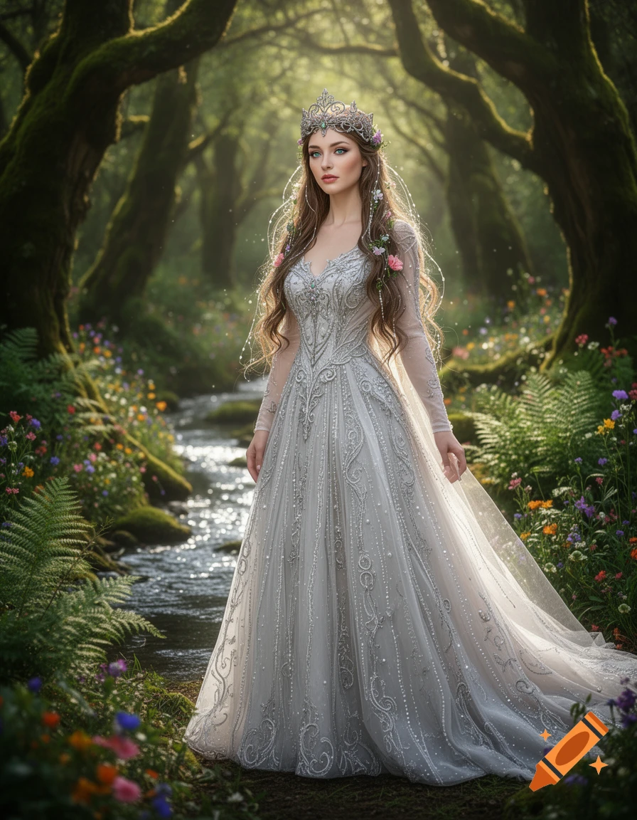A fantasy princess in an elaborate silver gown and crown stands in a sunlit, enchanted forest with a stream and wildflowers.