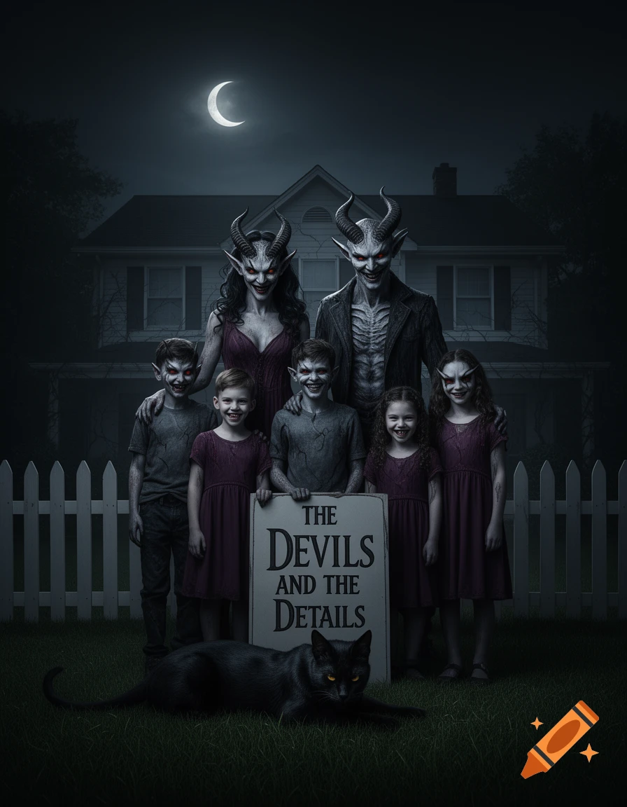 A demonic family with red eyes, horns, and sharp teeth, along with a black cat, pose in front of a suburban house at night under a crescent moon, holding a sign that reads "The Devils and The Details".