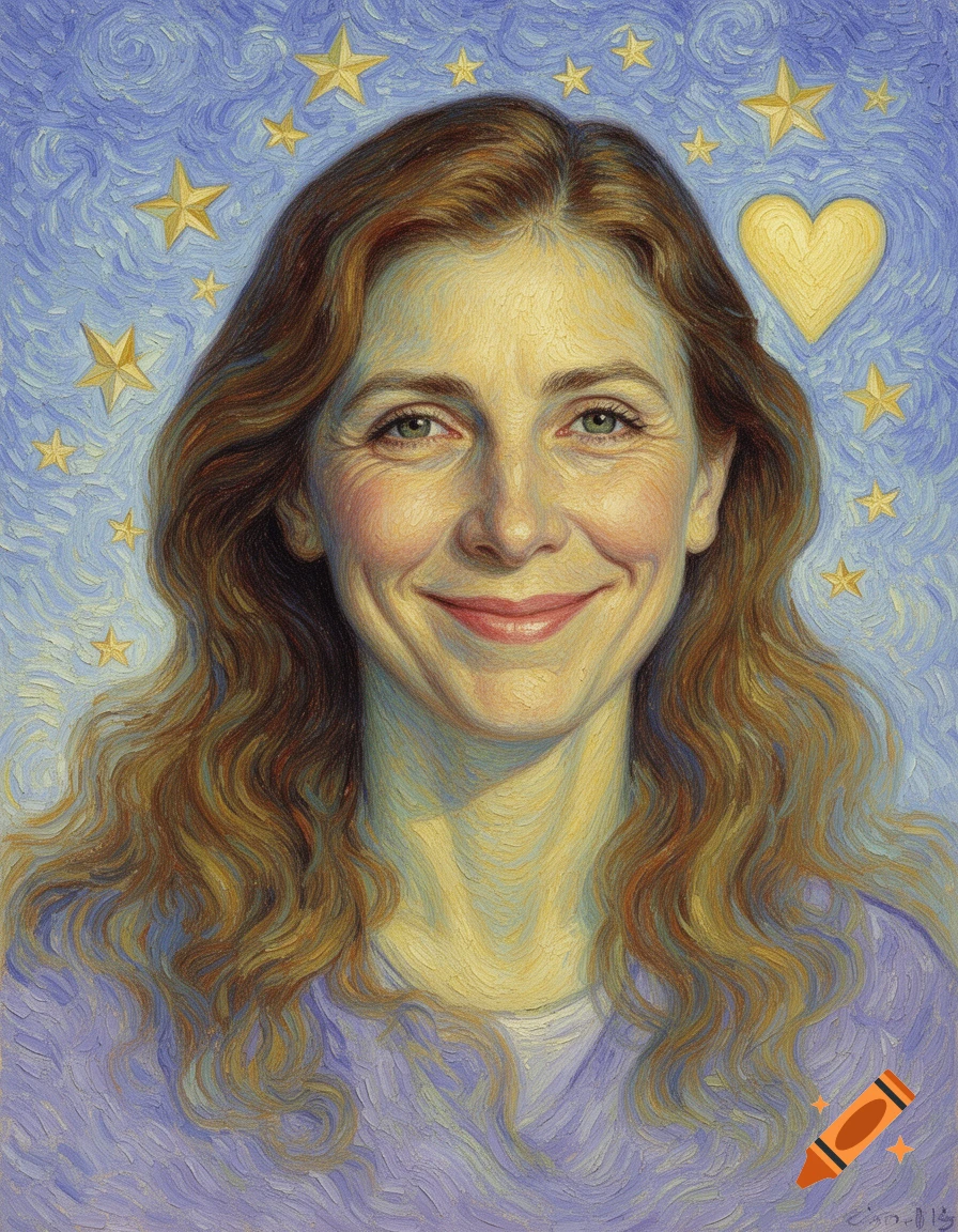 An oil painting of a smiling woman with long brown hair against a swirling blue background with golden stars and a heart.