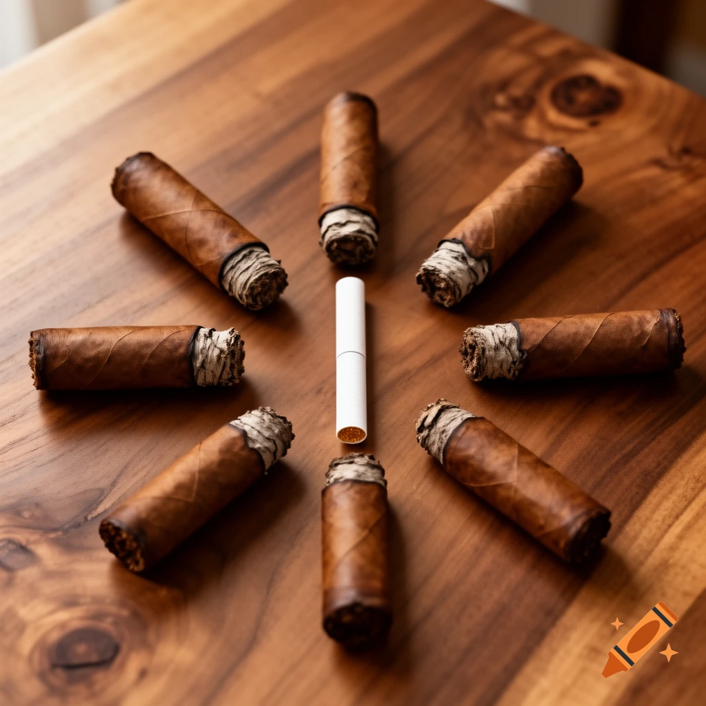 Seven partially smoked cigars arranged in a circle around a white cigarette on a wooden table.