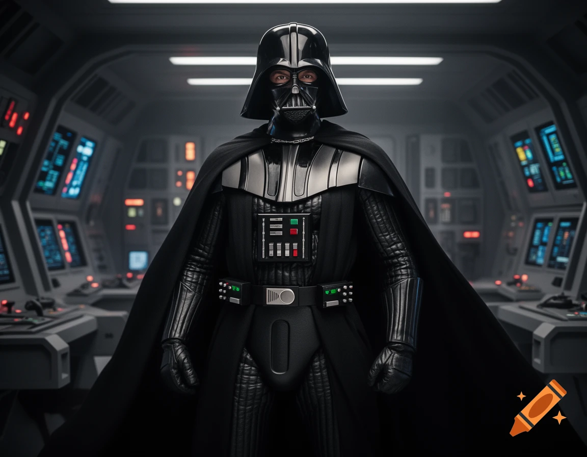 Photorealistic full-body shot of Darth Vader standing in a dimly lit spaceship control room, facing forward.