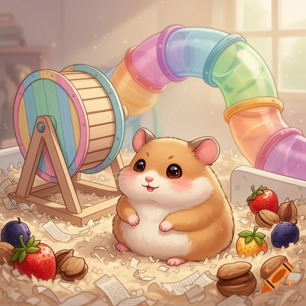 A cute, cartoony hamster sits in its habitat with a colorful wheel, tunnel, and food on a bed of wood shavings.