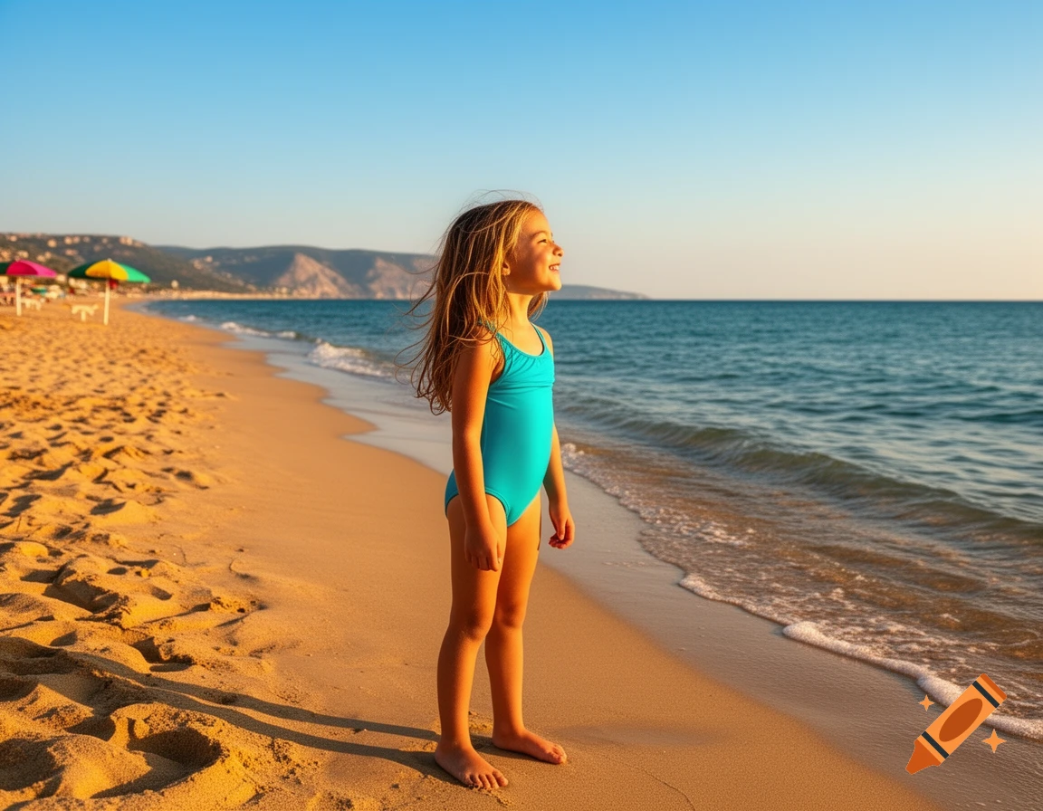 A young girl in a blue swimsuit stands on a sandy beach looking at the ocean under a clear sky.