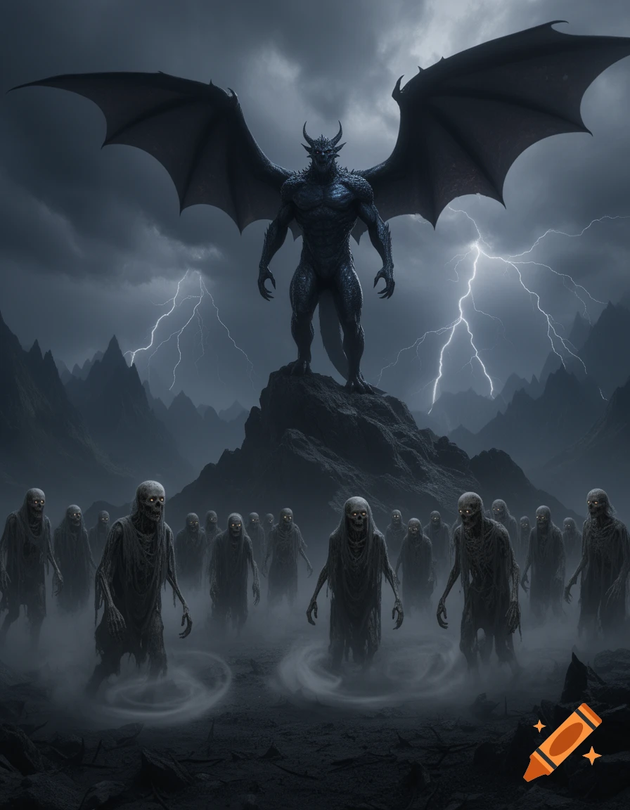 A massive, dark winged demon on a rocky peak overlooks glowing-eyed zombies rising from mist below, under a stormy, lightning-filled sky.
