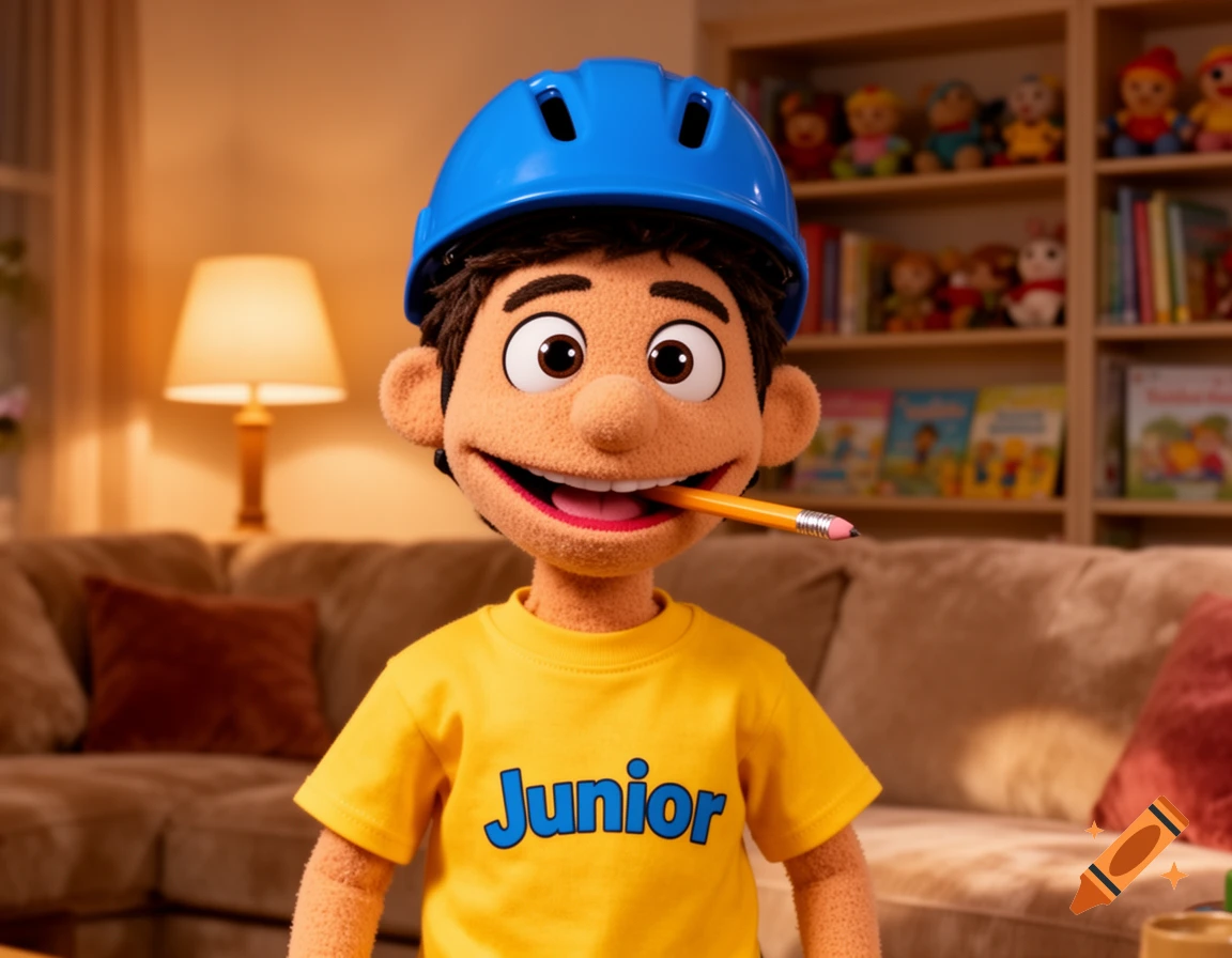 A puppet character wearing a blue helmet and a yellow shirt that says 'Junior', holds a pencil in his mouth in a living room.