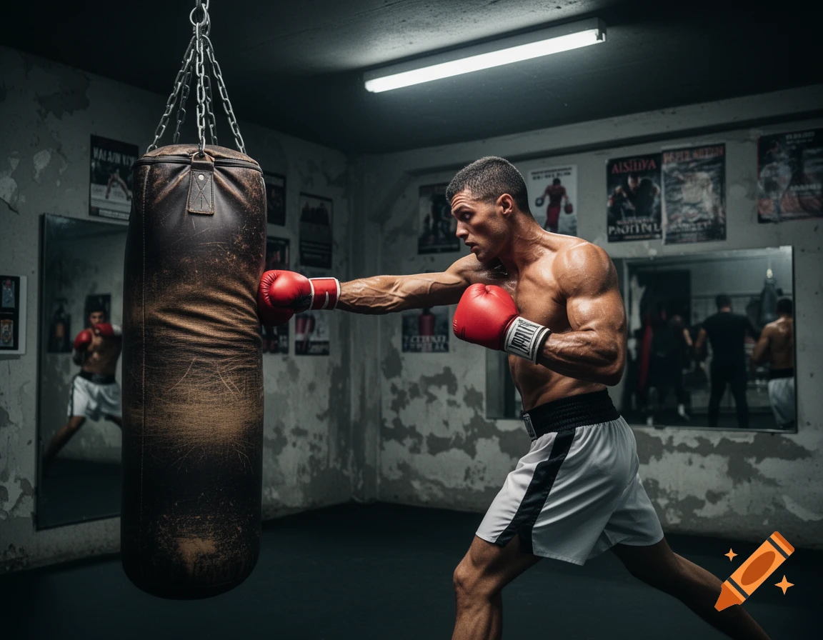 A shirtless muscular boxer in red gloves punches a heavy bag in a dimly lit, gritty gym, with mirrors reflecting the scene.