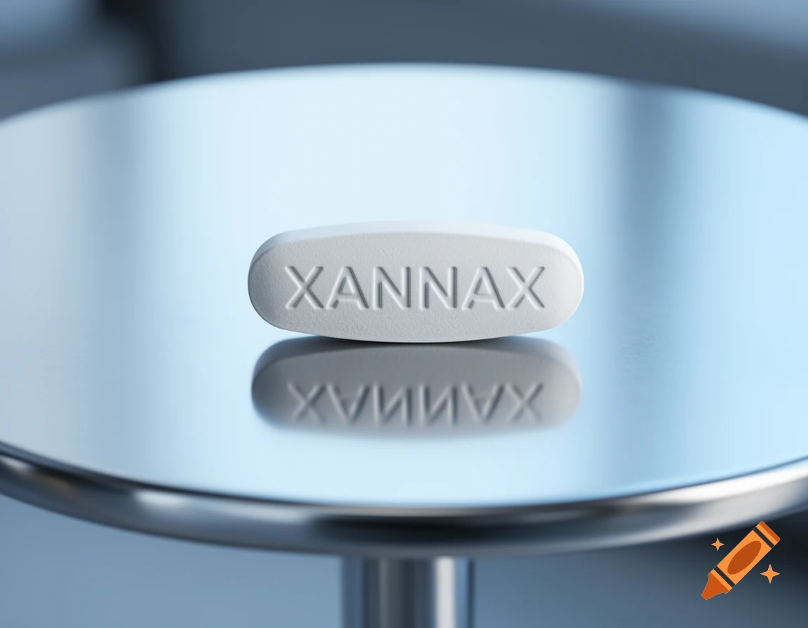 A photorealistic image of a white oblong Xanax pill with XANNAX embossed on it, resting on a reflective silver chrome table.