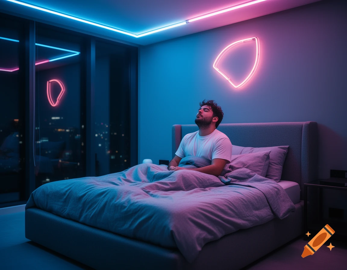A man sits up in bed in a dark room illuminated by vibrant blue and pink neon lights, with a city skyline visible through the window. Photorealistic.