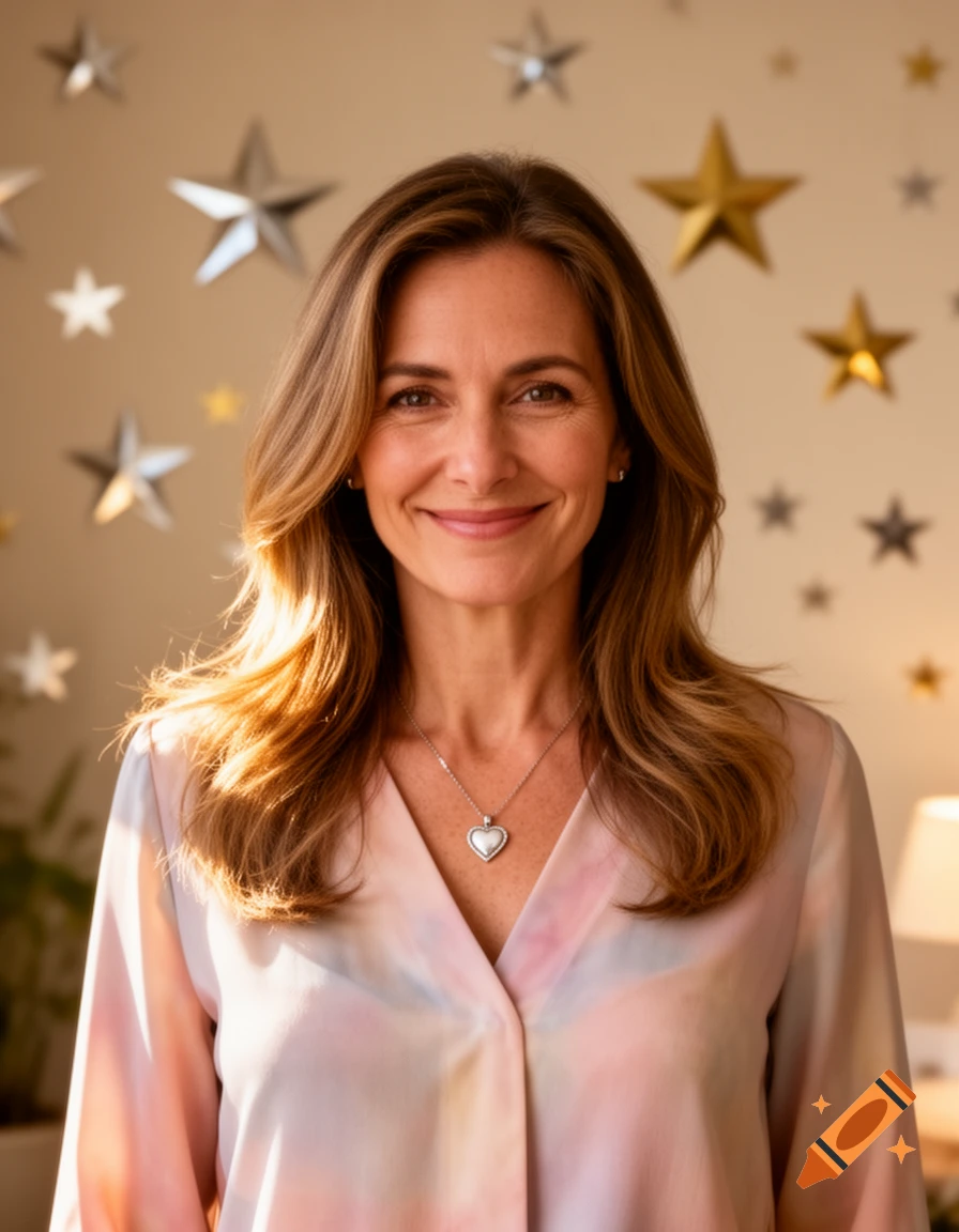 Smiling woman with brown hair, light blouse, and heart pendant, standing against a star-decorated background.