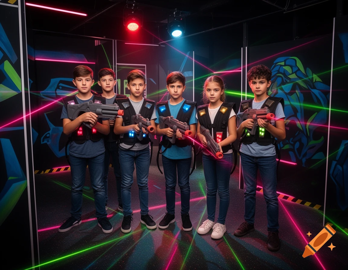 Five children in a dark laser tag arena, illuminated by neon lights and laser beams, holding laser guns and wearing sensor vests.