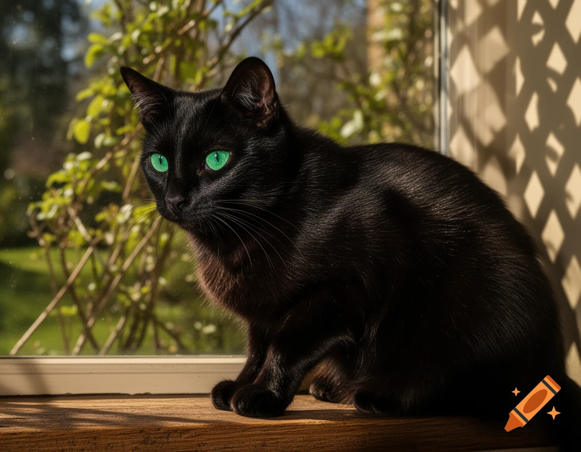A sleek black cat with vibrant green eyes sits attentively on a sunlit wooden windowsill, looking outside.