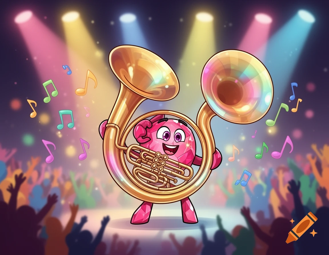 Happy pink gem cartoon character plays a golden double-bell sousaphone on stage under spotlights for a cheering crowd.