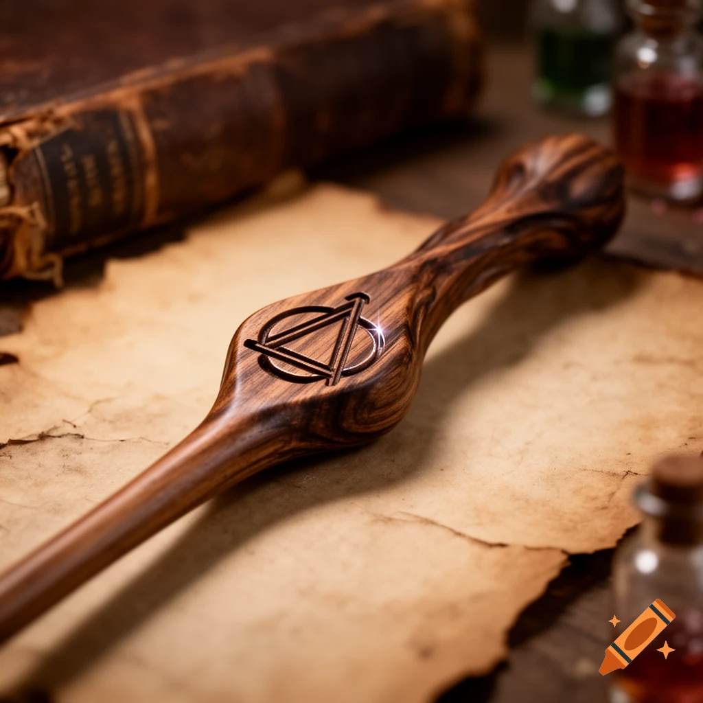 A close-up of a carved wooden magic wand with an alchemical symbol, resting on old parchment next to a blurred ancient book and potion bottles.