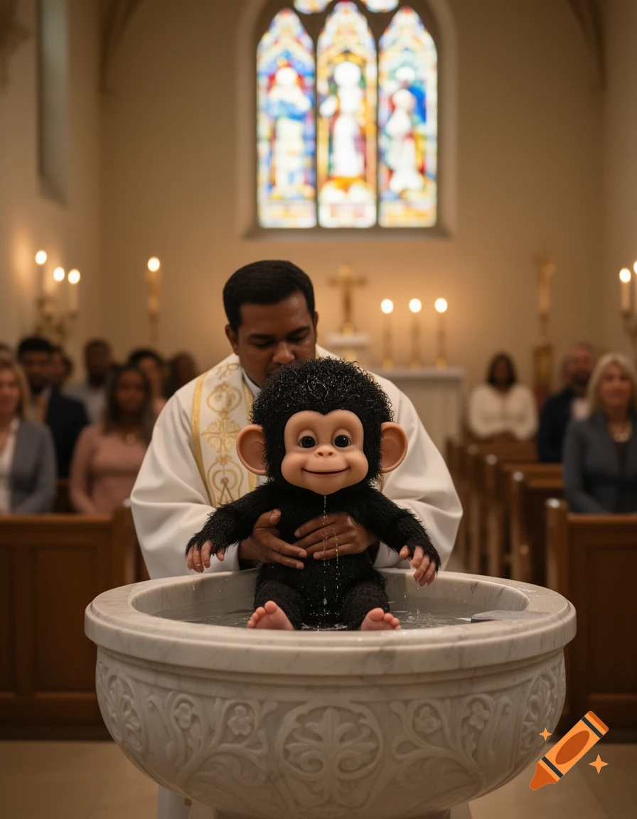 A priest baptizes a black, furry monkey creature in a marble font inside a church with stained glass.
