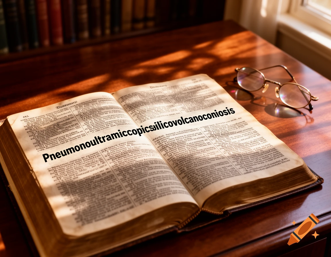 An open dictionary displaying the long word "Pneumonoultramicroscopicsilicovolcanoconiosis" on a sunlit wooden desk with eyeglasses nearby and bookshelves in the background.