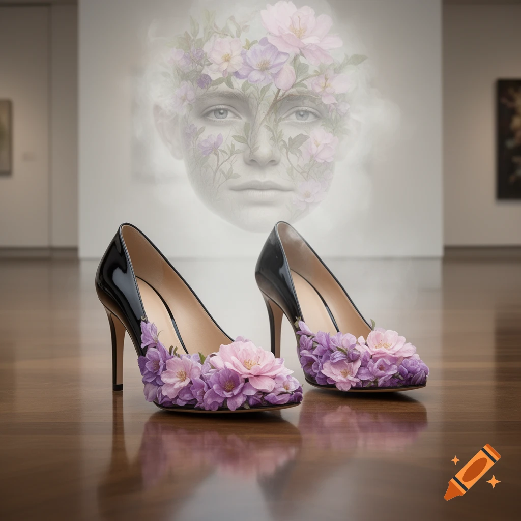 Two black high heels covered in pink and purple flowers on a glossy floor, with a surreal ethereal woman's face artwork in background.