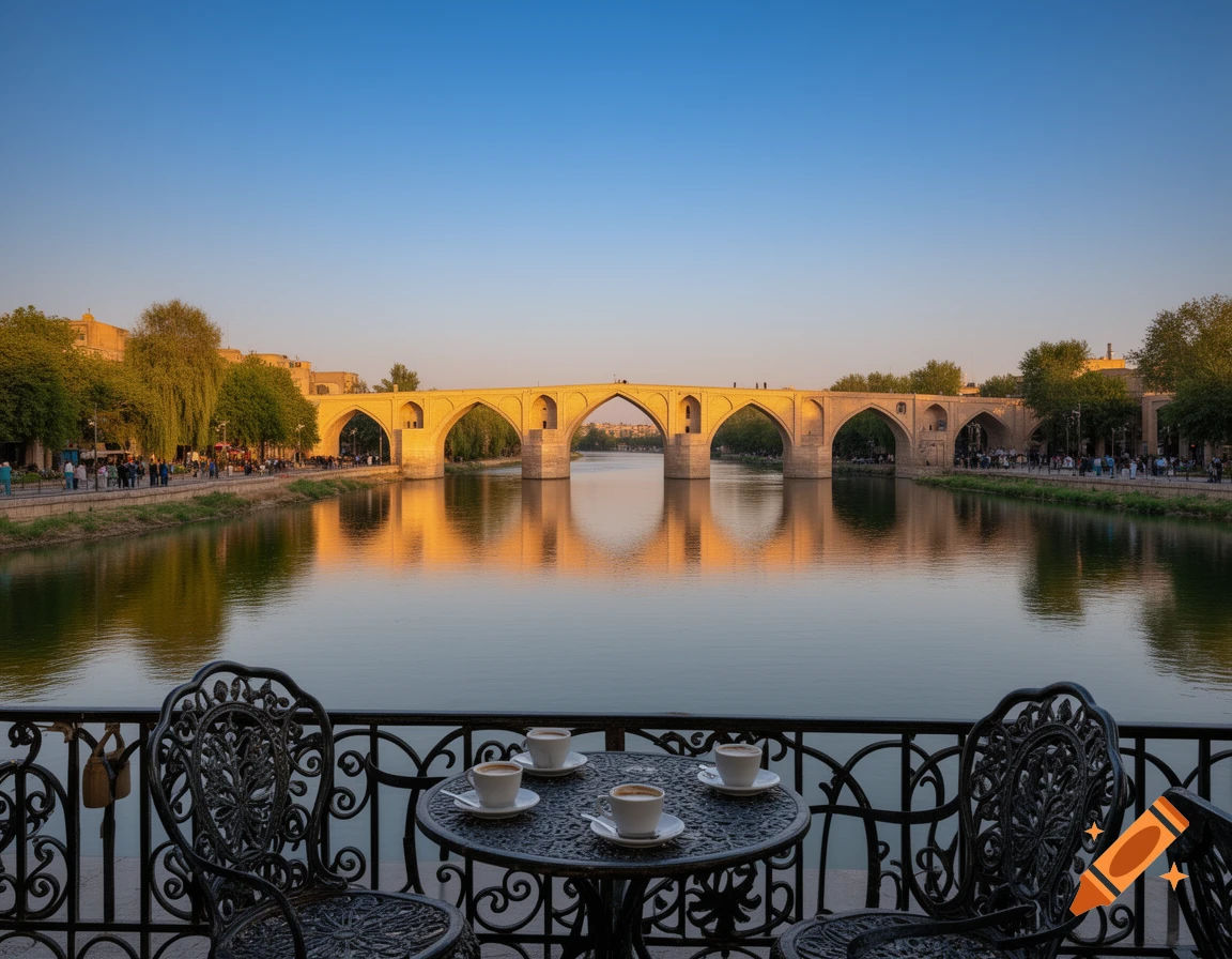 A photorealistic view from a cafe balcony with ornate chairs and coffee cups, overlooking a river with a historic arched bridge (Si-o-se-pol) spanning it, under a clear blue sky.