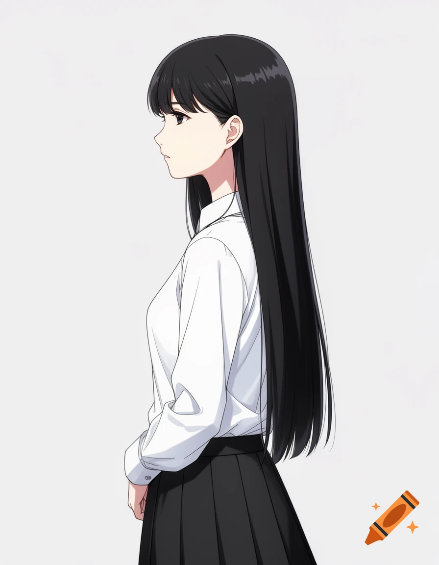 Anime illustration of a girl with long black hair, dark eyes, wearing a white blouse and black skirt, looking to the side with a calm expression.