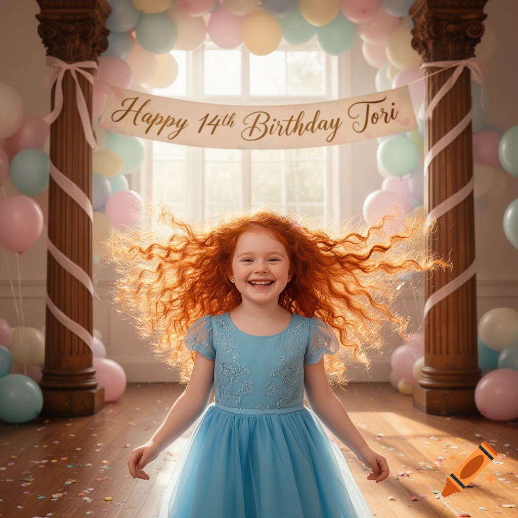 A smiling young girl with long, curly red hair in a blue dress stands in a room decorated with balloons and a birthday banner.