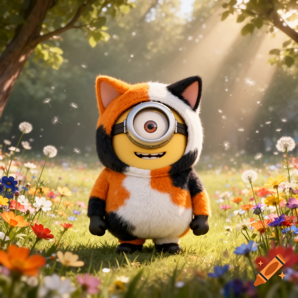 A Minion wearing a calico cat costume stands smiling in a sunny field of colorful flowers.