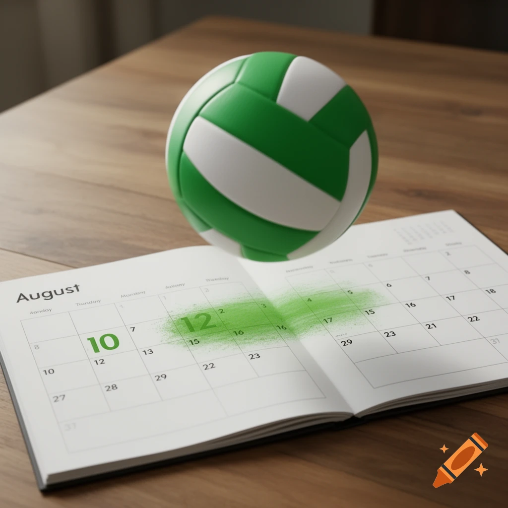 A green and white volleyball floats above an open August calendar on a wooden table, with dates 10 and 12 highlighted in green.