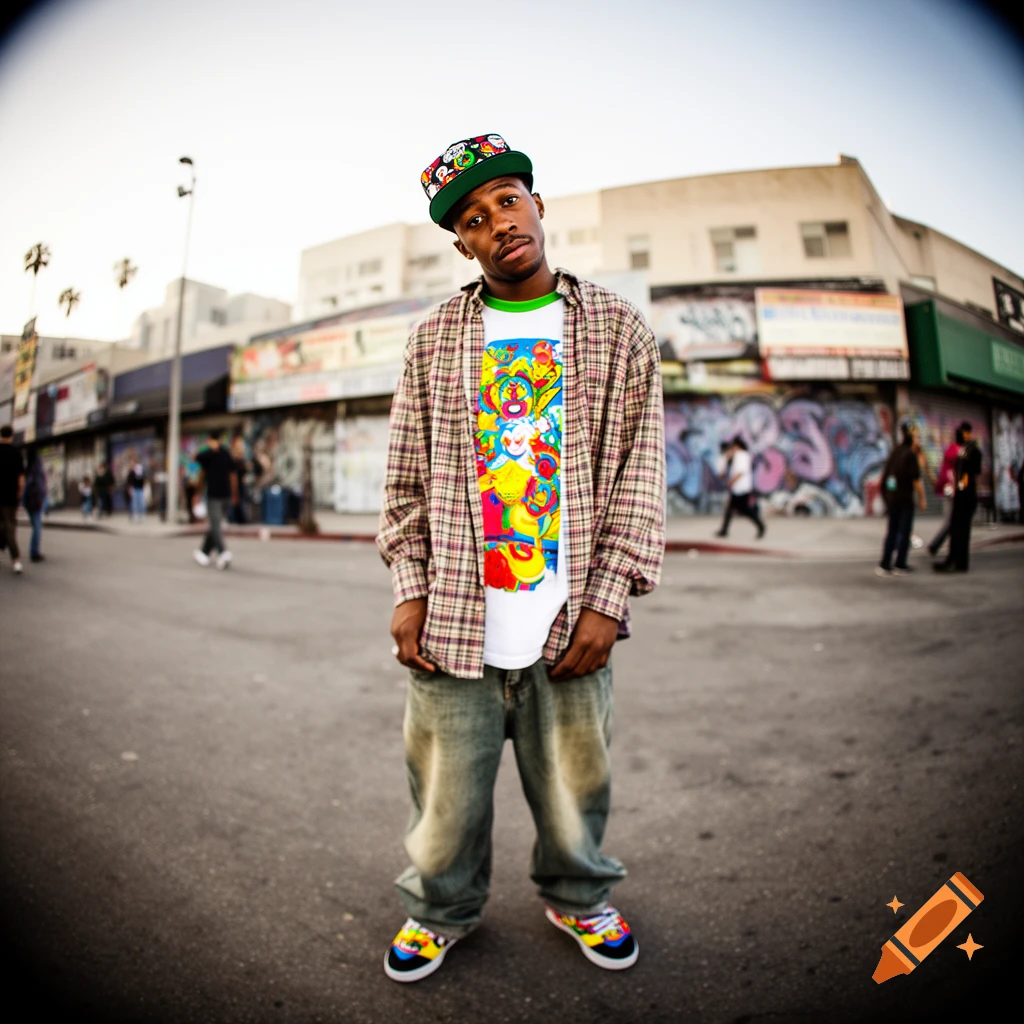 A young Black man wearing a plaid shirt, colorful graphic t-shirt, baggy jeans, and a backward cap stands on a city street with graffiti buildings.