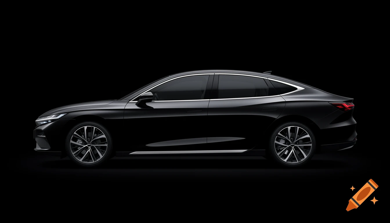 Sleek black sedan in profile on a deep black background, highlighted by thin silver light edges along its contours.