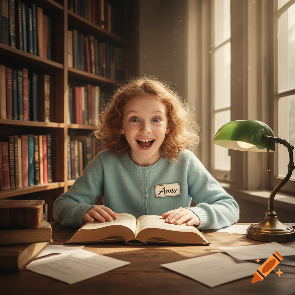 A young red-haired girl with a nametag reading 'Anna' grins excitedly while reading a book at a wooden desk in a sunlit library.