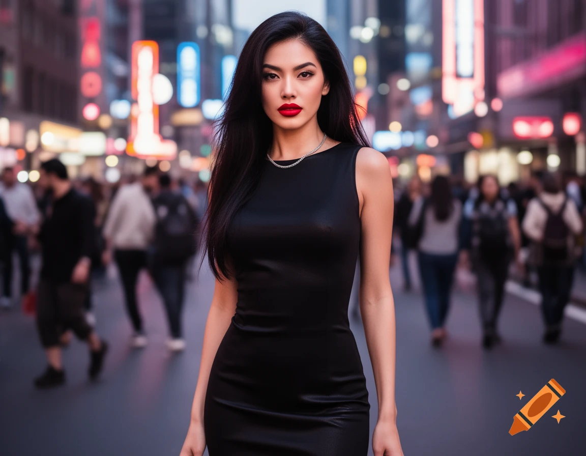 A stylish woman with long dark hair and red lipstick wears a form-fitting black dress while standing on a busy city street at night, with blurred neon lights in the background. Photorealistic style.