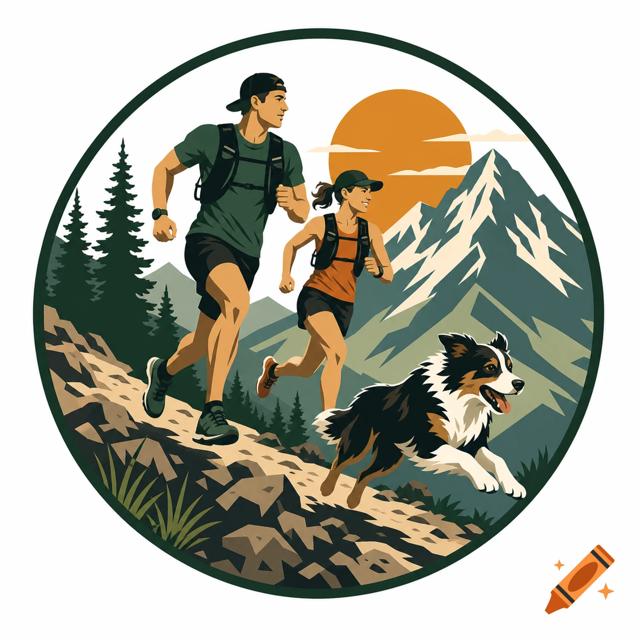 A minimalist circular vector logo depicts a man, woman, and dog trail running on a mountain path with trees and a sunset.
