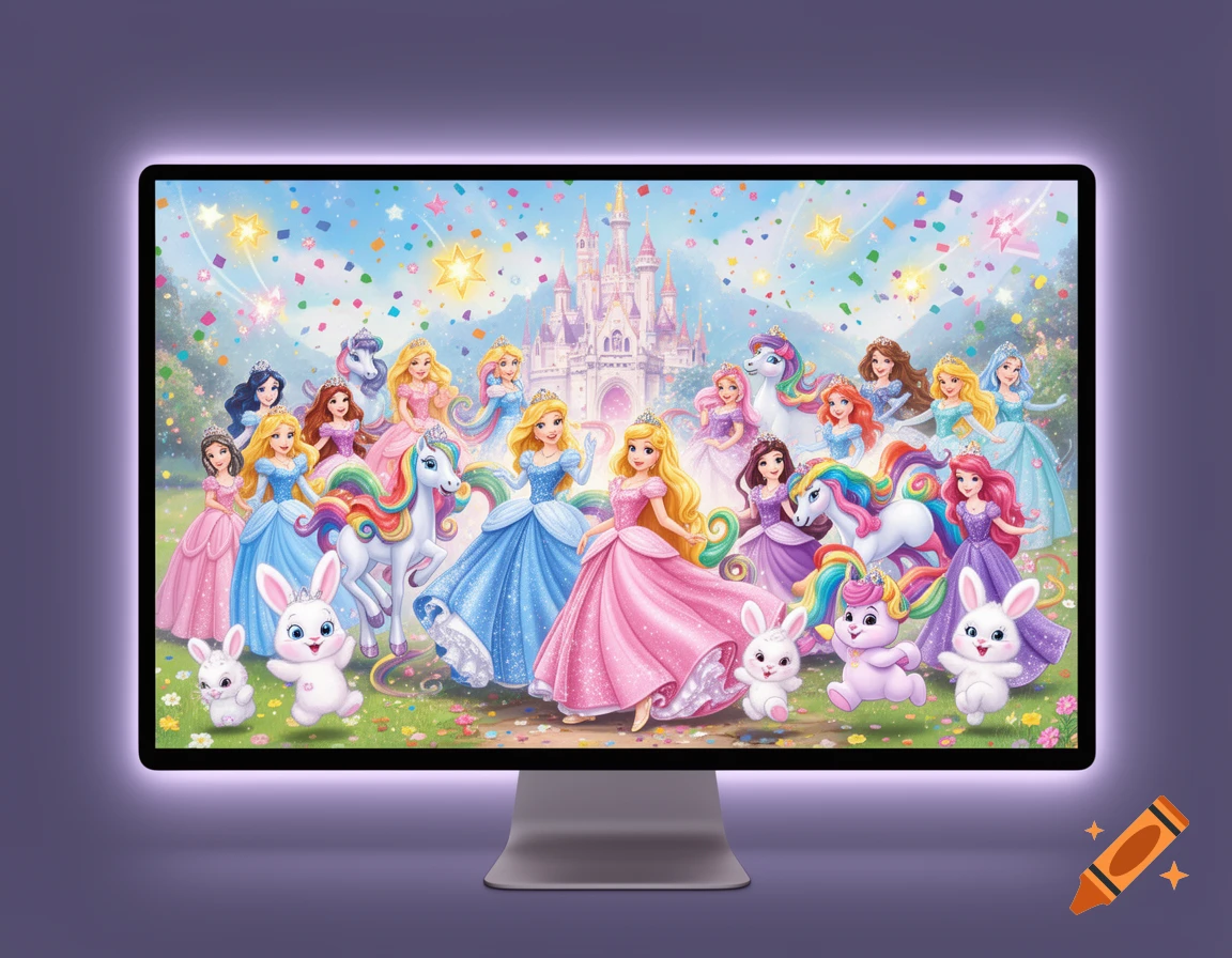 A computer screen displays a vibrant cartoon scene of princesses, unicorns, and bunnies gathered before a magical castle with falling confetti.