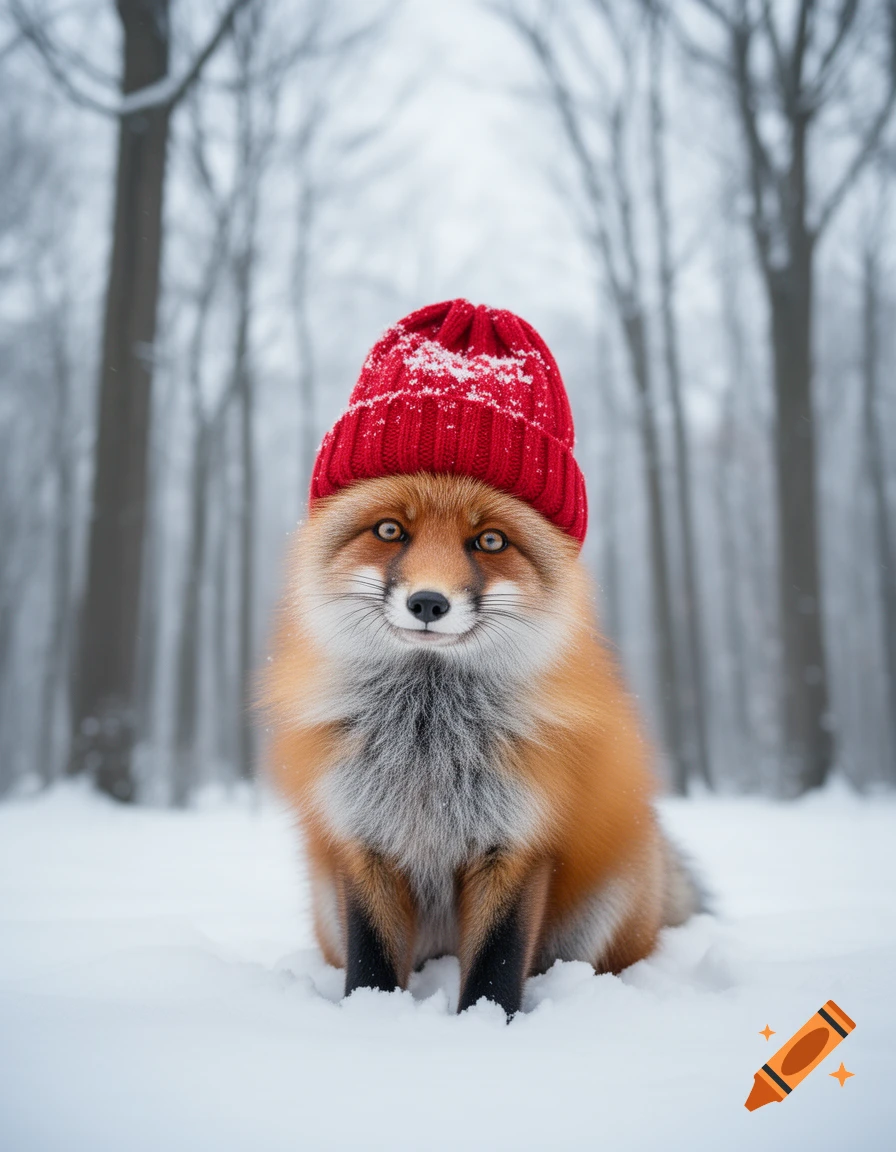 A fluffy red fox wearing a red knitted hat sits in deep snow in a winter forest, looking directly ahead.