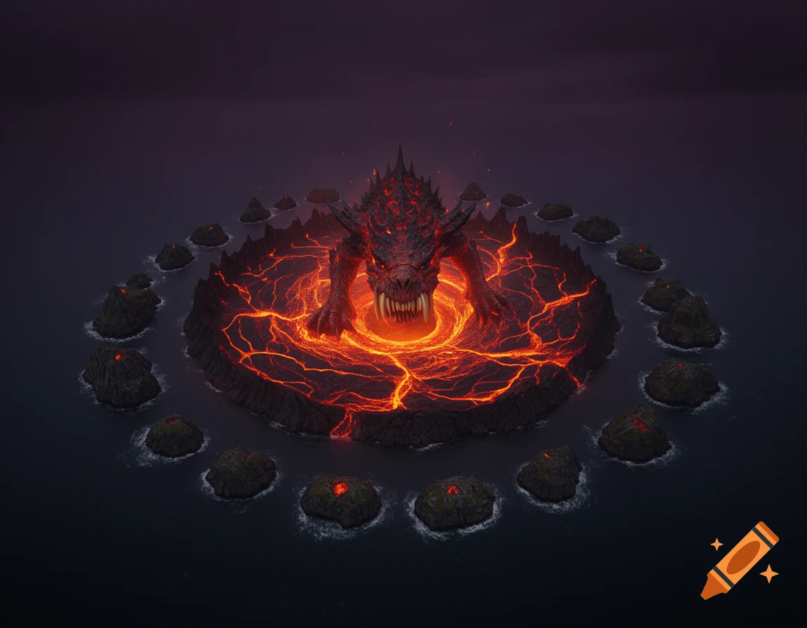A monstrous, fanged creature wreathed in magma on a central volcanic island, surrounded by smaller islands in dark water.