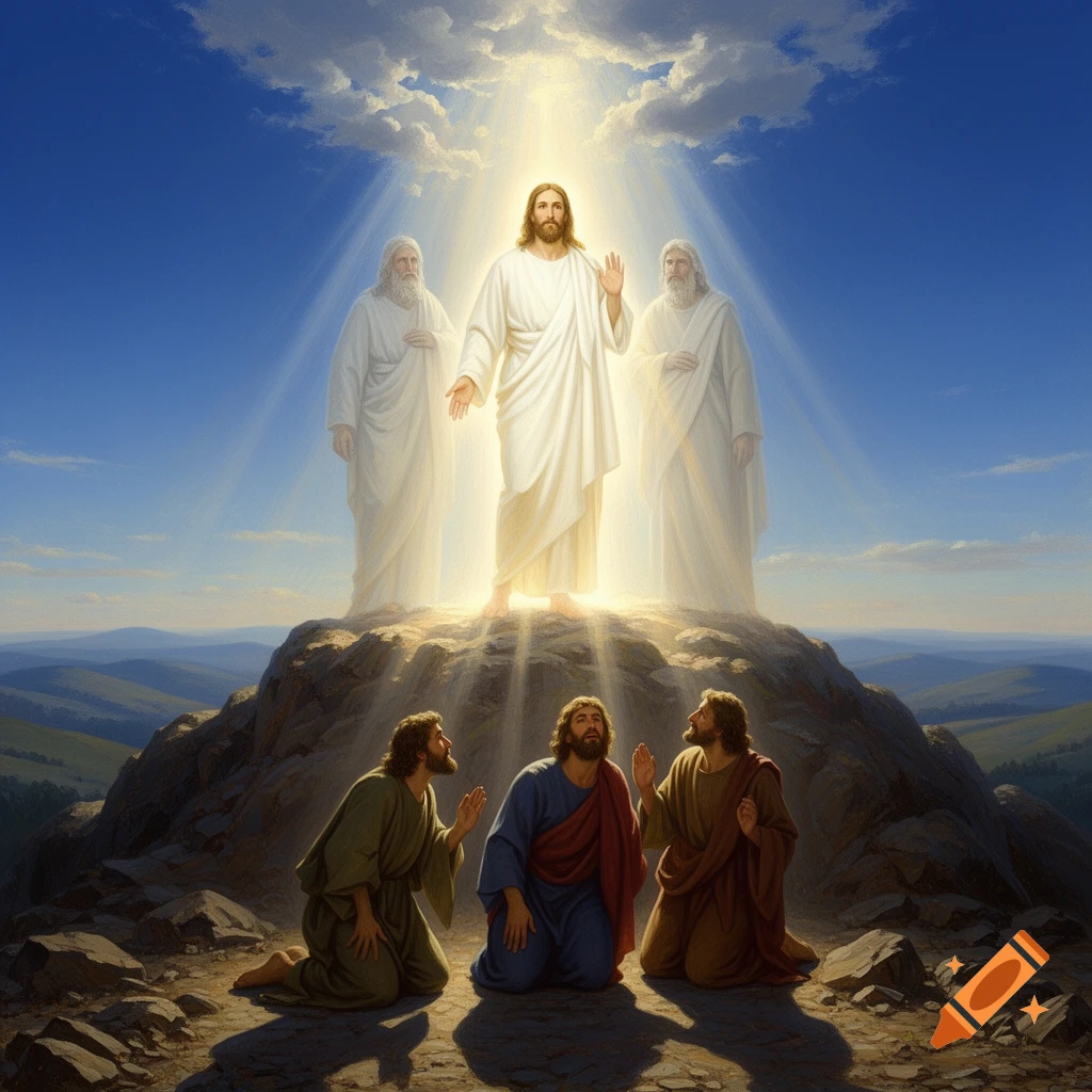 Jesus, Moses, and Elijah stand in radiant light on a mountain as three disciples kneel below, in a religious art style.